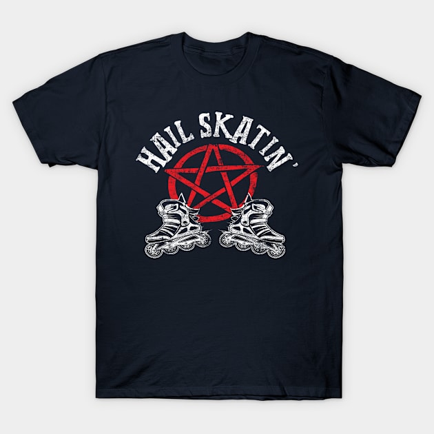 Hail Skatin' Satanic Cross Roller Skating Satan Pentagram Distressed T-Shirt by missalona